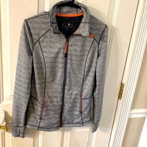 women’s zip up workout jacket with pockets, gray & accents of peach